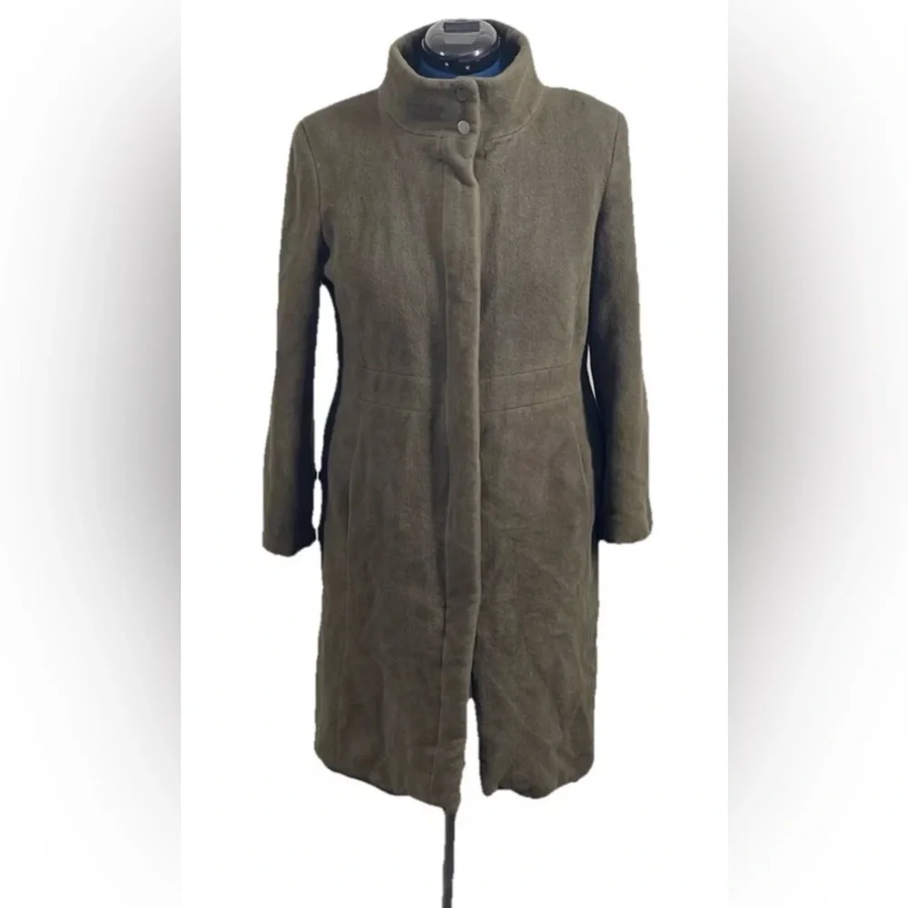 Calvin Klein Angora Wool Blend Trench Coat Olive Green Sz L Mob Wife Mock Neck‎